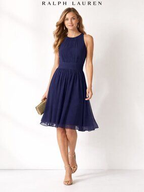 Ralph Lauren Evening Prom Dress Pleated Chiffon Navy Blue Sleeveless Size 6 NWT